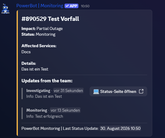 Discord-Vorfallsmeldung mit Auswirkung, Status und chronologischen Updates