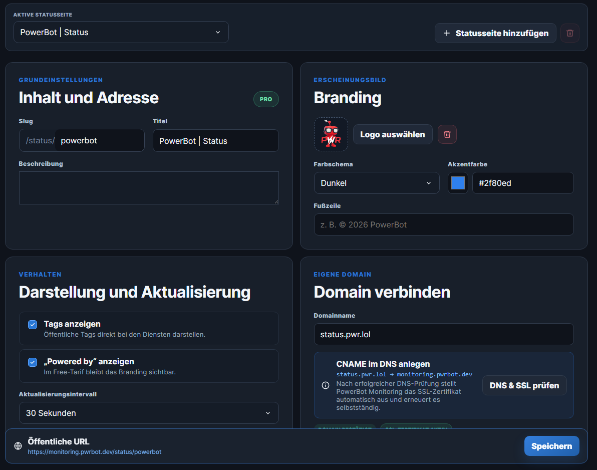 Einstellungen für Branding, Domain und Darstellung einer Statusseite