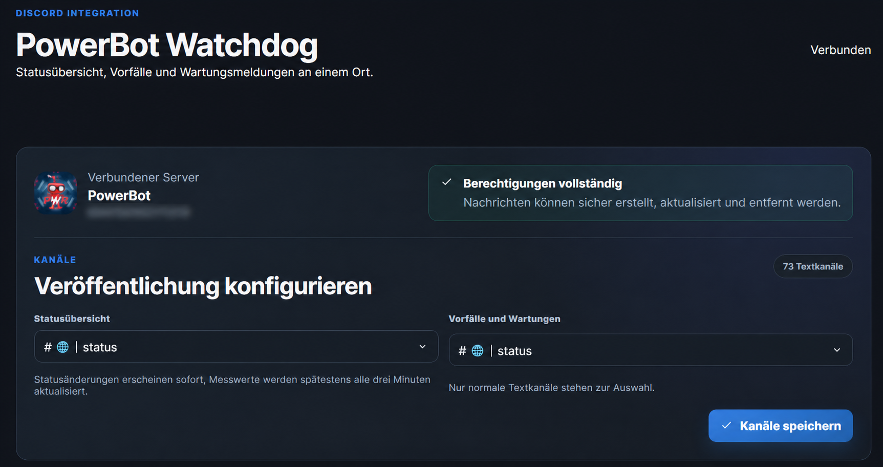 Konfiguration der Discord-Kanäle für Status, Vorfälle und Wartungen